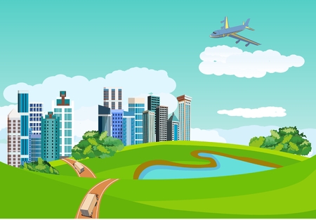 Countryside landscape concept. City buildings in green hills, blue lake, road ribbon, plane in the sky, vector illustration.のイラスト素材