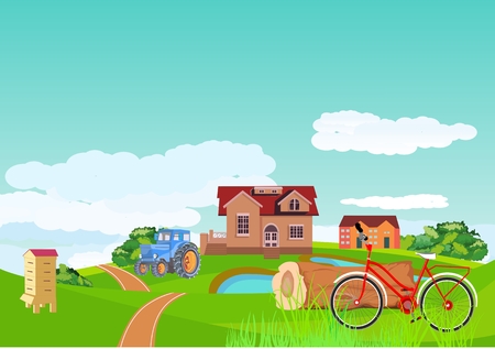 Countryside landscape concept. Village in green hills, road ribbon and bicycle in the green grass, vector illustration.のイラスト素材