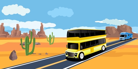 Yellow big bus driving along the highway in the desert landscapeのイラスト素材