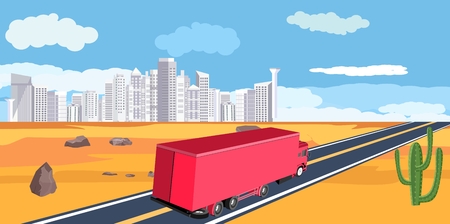Big trailer truck driving along the highway in the desert landscape, concept vector illustration.のイラスト素材