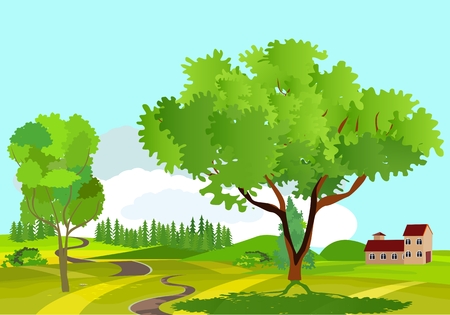 Countryside view vector illustration, a house in the green hills, road ribbon on hills, outdoor concept, nature landscapeのイラスト素材