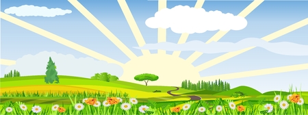 Countryside vector illustration, blowing flowers on meadow, rising sun, outdoor concept, nature landscapeのイラスト素材