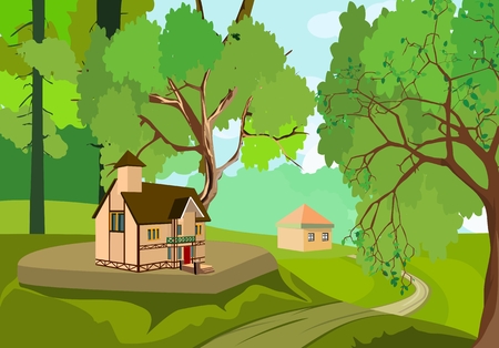 Countryside vector illustration, house in the forest on green hills, outdoor concept, nature landscapeのイラスト素材