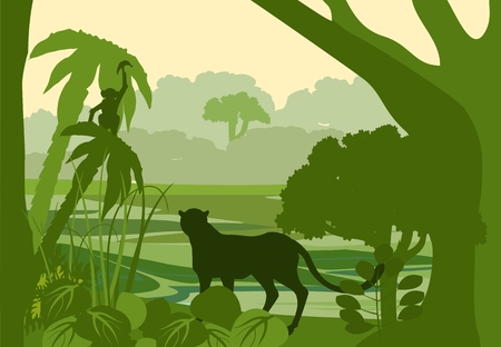 Wildlife vector silhouettes, jungle trees and leopards, panters silhouettes, wildlife conceptのイラスト素材