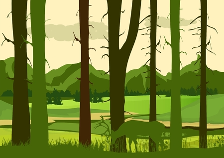 Wildlife vector silhouettes, forest trees and deer silhouettes, wildlife conceptのイラスト素材