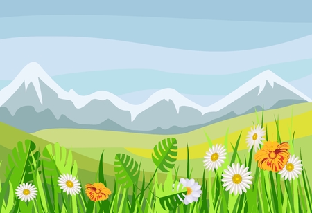 Vector illustration of spring green meadow and hills, flowers, grass and mountains in a pretty landscapeのイラスト素材