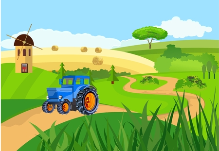 Vector illustration of a countryside among the green hills, mills, tractor going on a road in a pretty landscapeのイラスト素材