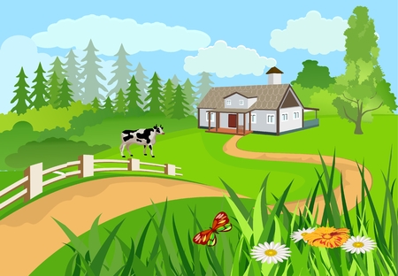 Vector illustration of a countryside among the green hillsのイラスト素材