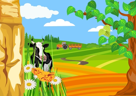 Vector illustration of a countryside among the green hills on the meadow, tractor on fieldsのイラスト素材