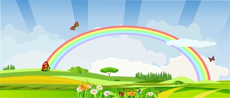 Horizontal illustration of spring meadow with flowers and rainbow vectorのイラスト素材