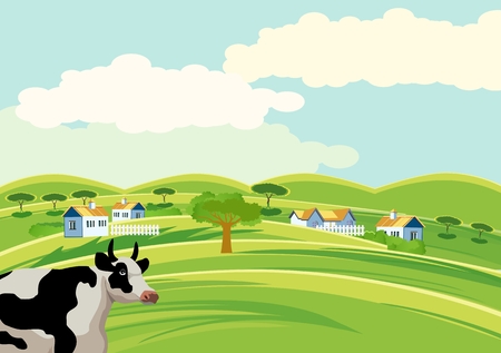 Concept countryside vector view, farm houses, horses and cows, livestock, tractor, green hills, fresh agriculture productsのイラスト素材