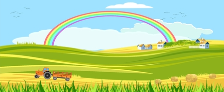 Horizontal Concept countryside vector view, farm houses, tractor, rainbow and clouds in the skyのイラスト素材