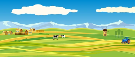 Concept countryside vector view, farm houses, horses and cows, livestock, tractor, mills, mountainsのイラスト素材