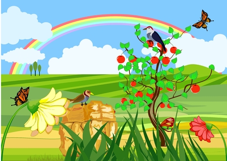 Green hills, growing trees, rainbow in the sky, birds singing in the trees, apple tree nature concept vector, natural vector landscapeのイラスト素材