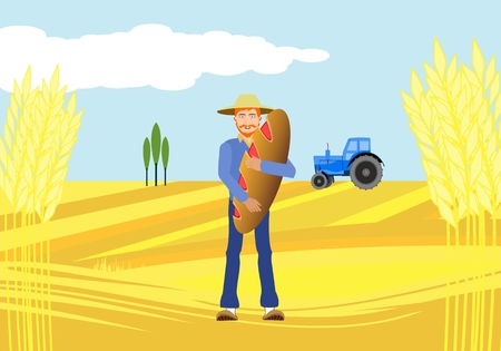 Countryside view vector countryside landscape background, man with bread, Agriculture theme, village. Concept imageのイラスト素材