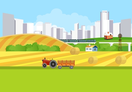 Countryside view vector countryside landscape background, city buildings, Agriculture theme, village.のイラスト素材