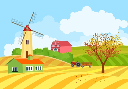 Flat countryside view, green hills and mountains, aumn season, houses and wimdmills, vector landscapeのイラスト素材