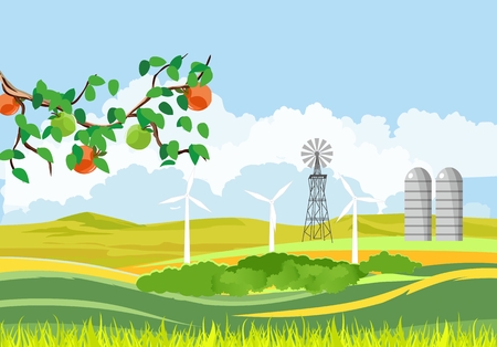 Countryside scene, village scene, summer time vector landscape, windmills, green fields.のイラスト素材