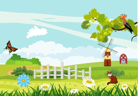 Flat countryside view, green hills and mountains, summer season, houses and windmills, blowing flowers, trees, cat, b irds on tree branch, vector landscapeのイラスト素材