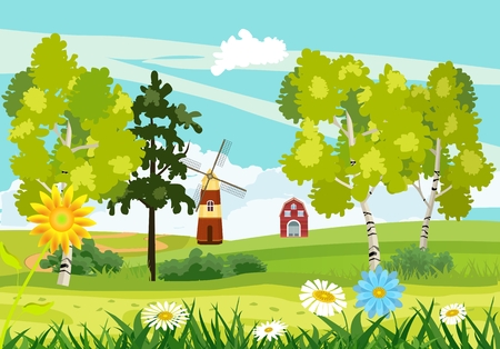 Flat countryside view, green hills and mountains, summer season, houses and windmills, blowing flowers, trees, vector landscapeのイラスト素材