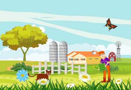 Countryside scene, farmland, farmer in house, green fields, meadows, village scene, summer time vector landscapeのイラスト素材