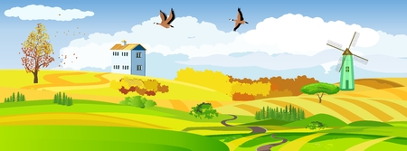 Flat countryside view, green hills and mountains, aumn season, houses and wimdmills, vector landscapeのイラスト素材