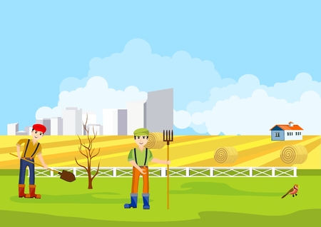 Spring scene, boys plants in the countryside feilds, in the village, concept vectorのイラスト素材