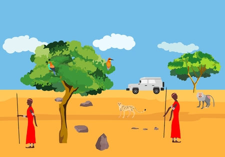 African wild nature and masai mara people vector concept illustration, wild animals in savannah, african landscape vectorのイラスト素材