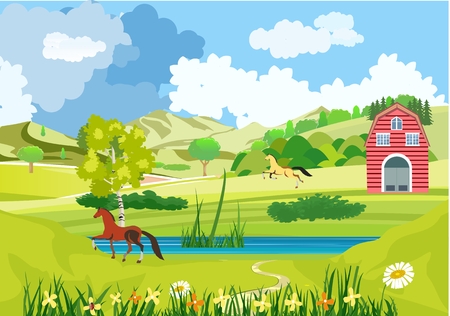 Nature vector landscape, horses running, blue river in green hills, valley and fresh airのイラスト素材