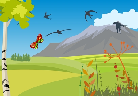 Summer nature landscape, mountains, birds, green hills, plants, insects, concept vectorのイラスト素材
