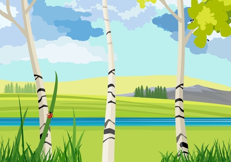 Summer nature landscape, river, green hills, plants, insects, concept vectorのイラスト素材