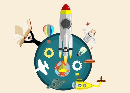 Space theme vector illustration cartoon cute astronaut characters. Rocket, characters, space yellow submarine.のイラスト素材