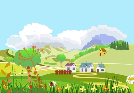 Village on green valley vector illustration, farm houses, on green hills, cow, green meadow, fence, clouds on sky, concept illustrationのイラスト素材
