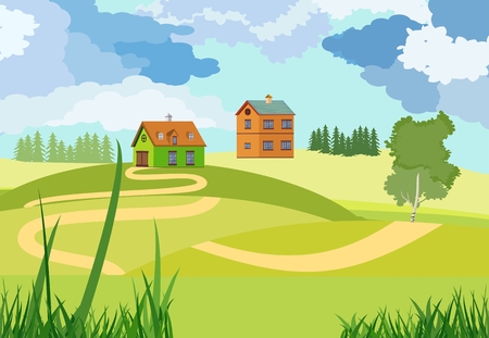 Countryside vector illustration, cottage houses on green hills, park, outside scene concept illustrationのイラスト素材