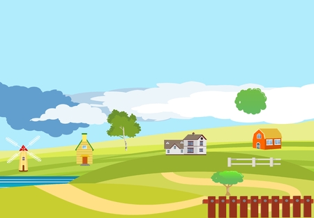 Countryside vector illustration, village, mills on green hills, river among hills concept illustrationのイラスト素材