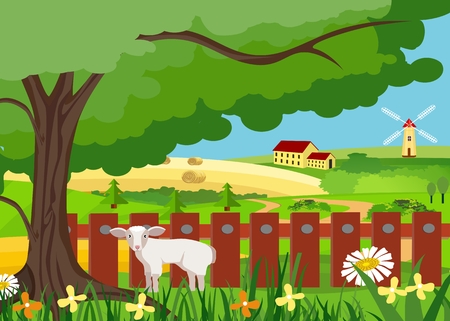 Farmland scene vector illustration, farm houses, mills on green hills, lamb, fence, big tree, concept illustrationのイラスト素材