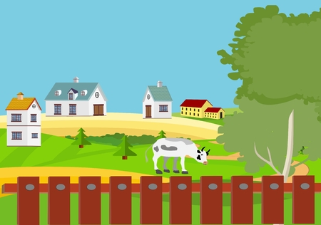 Farmland scene vector illustration, farm houses on green hills, cows, fence concept illustrationのイラスト素材