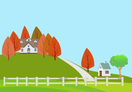Countryside vector scene, farm houses on green hills, concept illustrationのイラスト素材