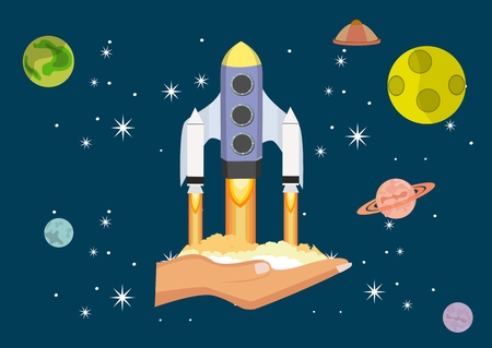 The concept of space vector llustration, rockets starting in the man's hand in the universe, planets and stars, comets, flat vectorのイラスト素材