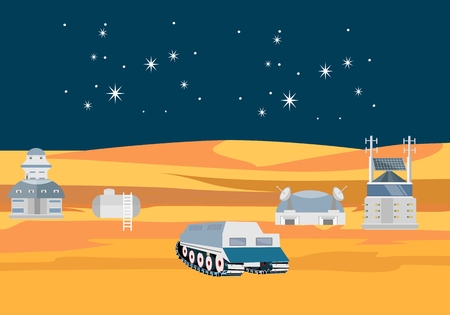 Space theme vector concept illustration, cosmic station on the moon, stars, comets, flat vectorのイラスト素材