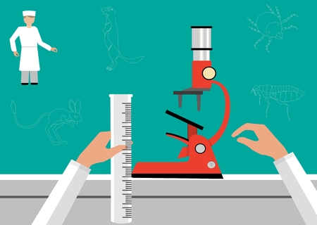 Lab, laboratory worker, wearing medical robe microscope on the table, arms and hands of laboratory assistant with cartoon vector illustrationのイラスト素材