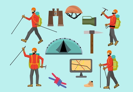 Eco tourist in differerent poses and their equipment vector setのイラスト素材