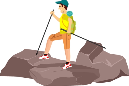 Traveler Man standing on the stone With Backpack Over Nature Landscape Flat Vector Illustrationのイラスト素材