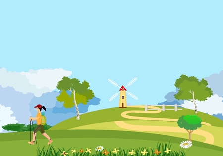 Traveler girl Hiking In countryside landscape With Backpack Over Nature Landscape Flat Vector Illustrationのイラスト素材