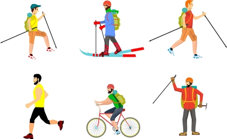 Extreme tourism people hiking outdoor actives. Vector flat characters set. Hiking and travel, character activity adventure illustrationのイラスト素材