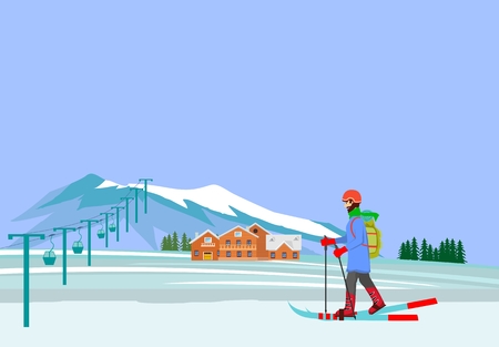 Skier Man Hiking In winter mountains landscape With Backpack Over Nature Landscape Flat Vector Illustrationのイラスト素材