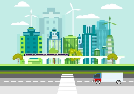 Eco friendly city modern flat design style vector on blue background. Urban cityscape with skyscrapers, solar panels, train. Ecology concept illustrationのイラスト素材