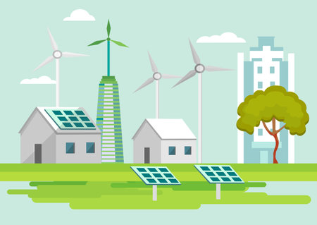 Eco-friendly houses flat design style vector illustration cityscape with, windmills, solar panels, on green fieldsのイラスト素材