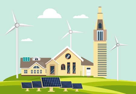 Eco-friendly houses flat design style vector illustration cityscape with, windmills, solar panels, on green fieldsのイラスト素材