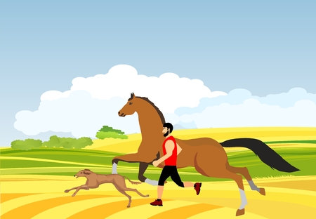 Man, horse, dog, running together countryside landscape on backgroundのイラスト素材